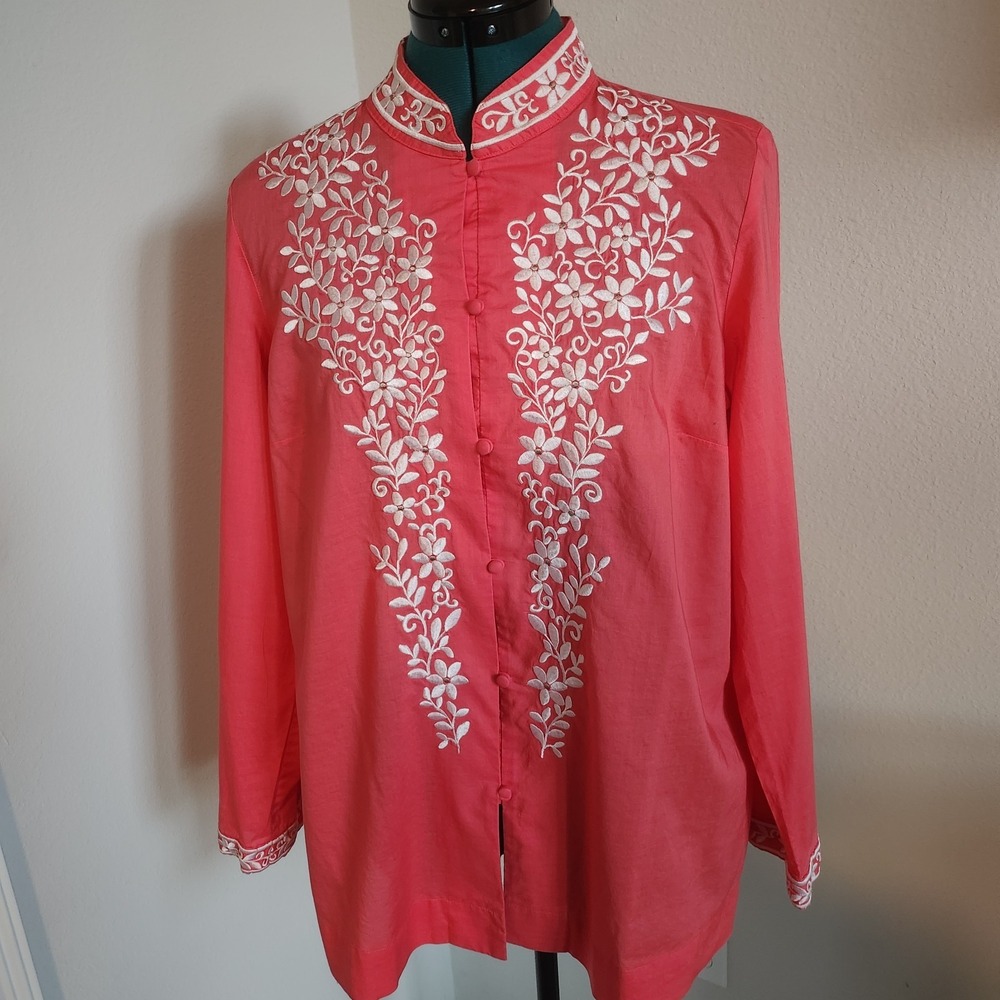 Talbots Womens Coral Tunic Embroidery Sz Medium Mandarin Collar 100% Cotton
